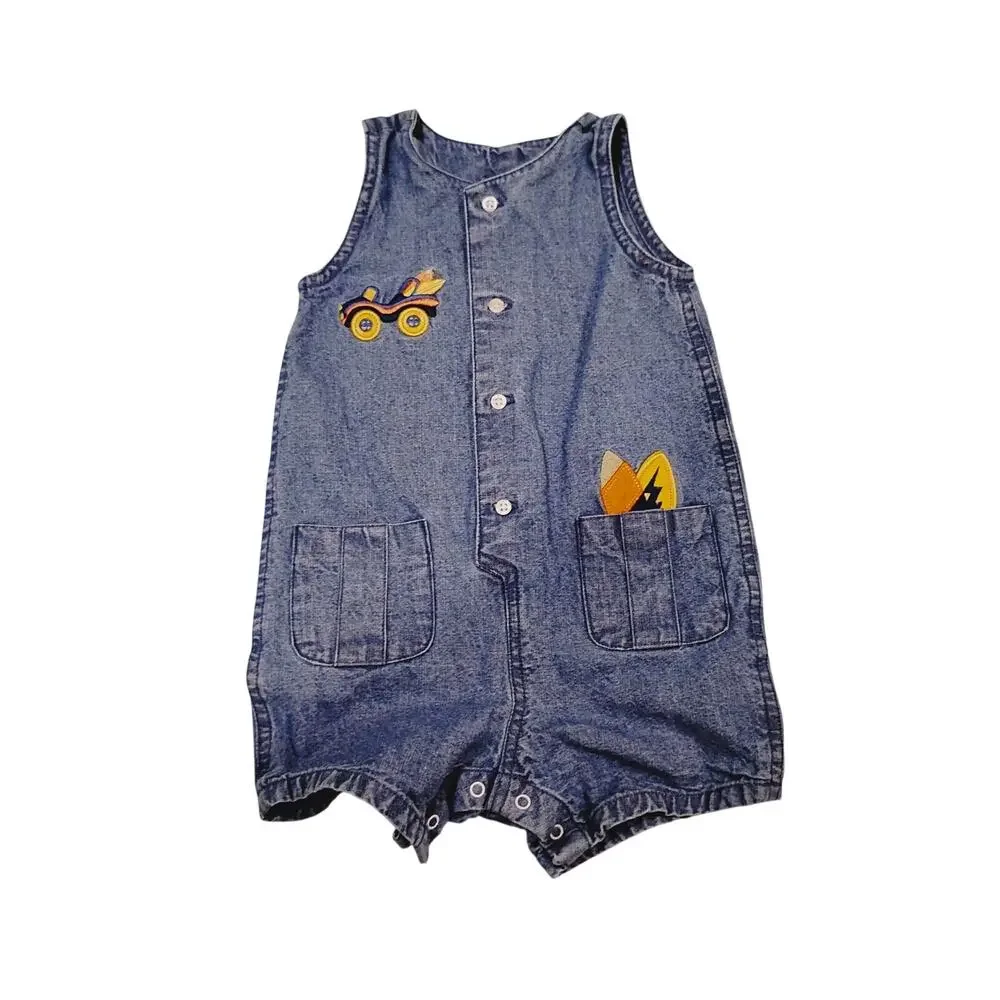 Vtg Baby Toddler 6-12 Months Old Navy Blue Jean Surfer Embroidered Romper 2005